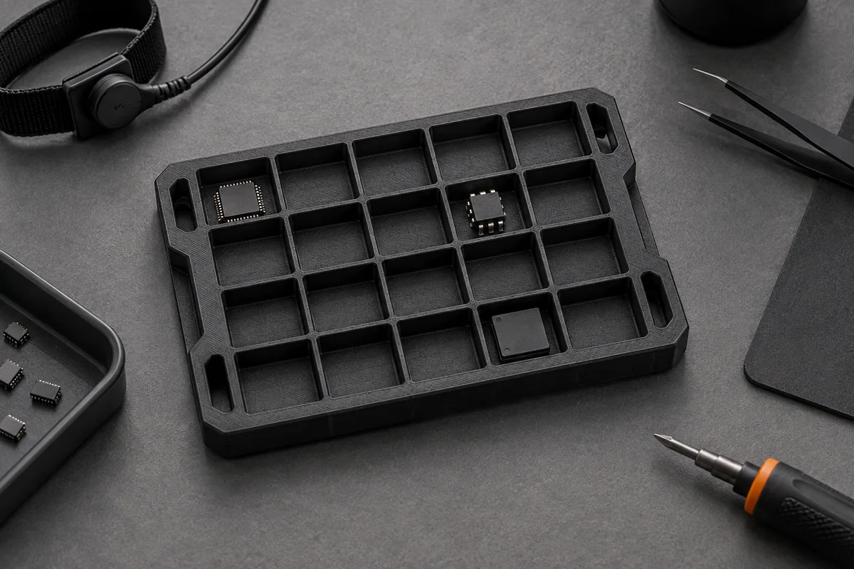 ESD-Resin-Bauteiltray an einem Elektronikarbeitsplatz
