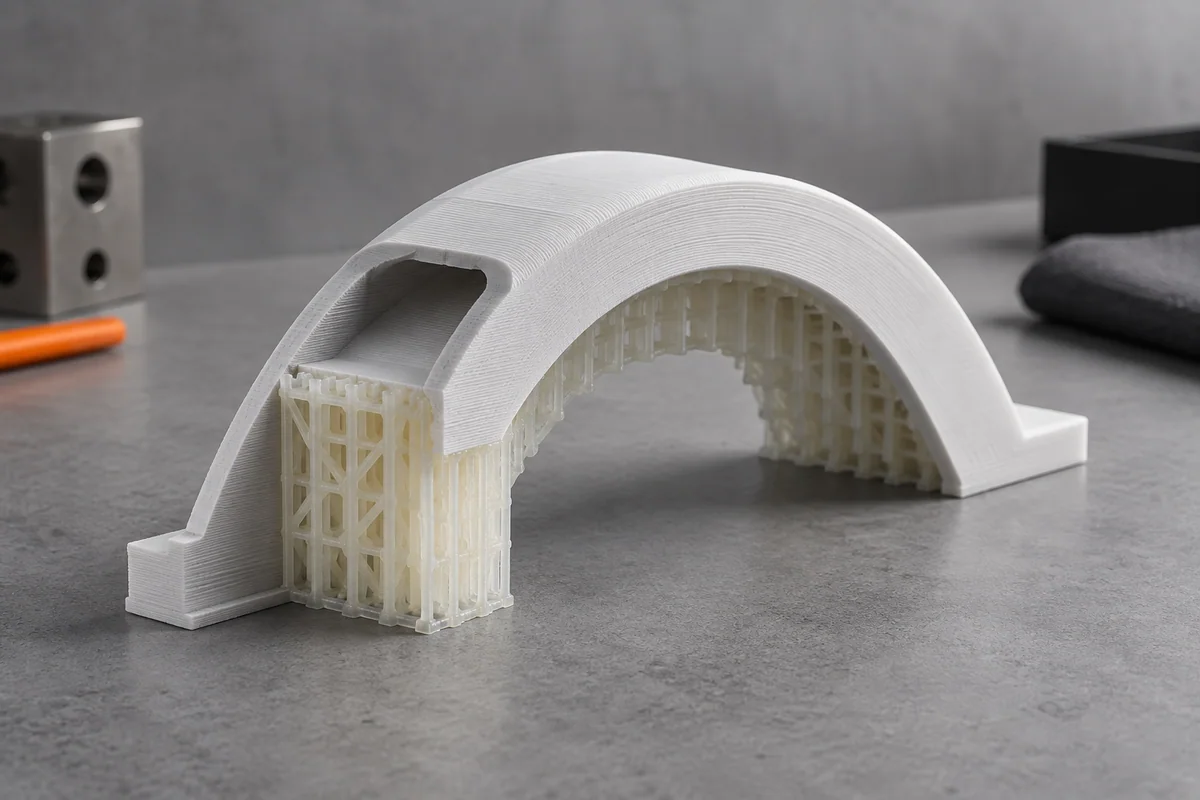 PVA-Stützstruktur unter einem FDM-Bauteil