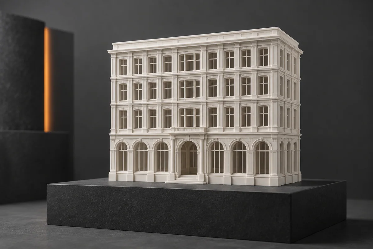 Detailreiches Resin-Modell einer Gebäudefassade